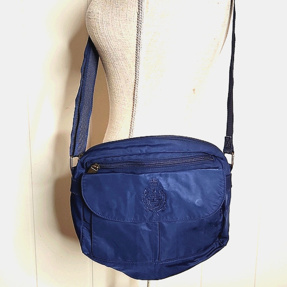 Y2K bright blue nylon crossbody Sling bag with an adjustable shoulder strap